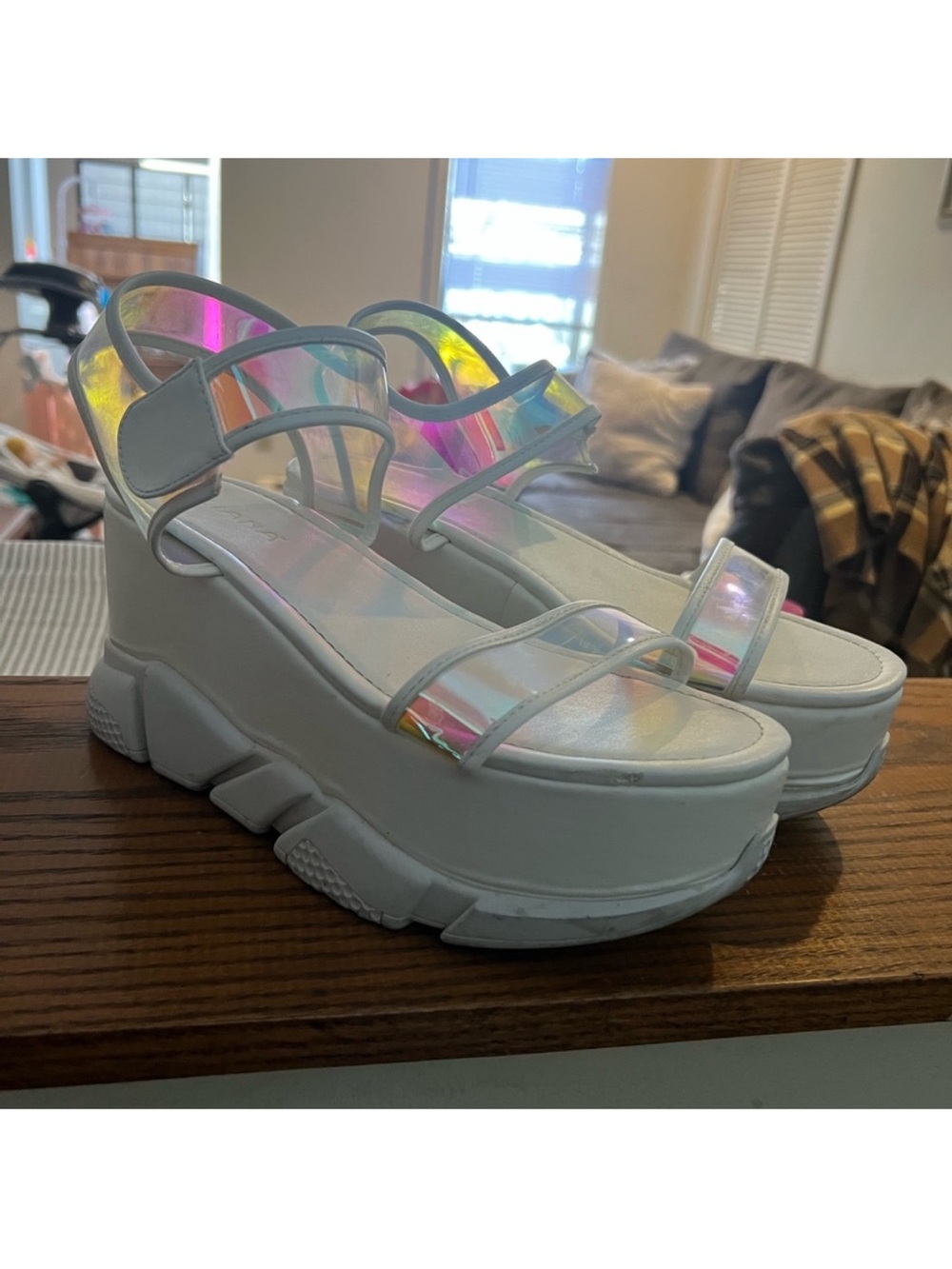 Liliana White Platform Sandals with Iridescent Straps - Picture 5 of 12